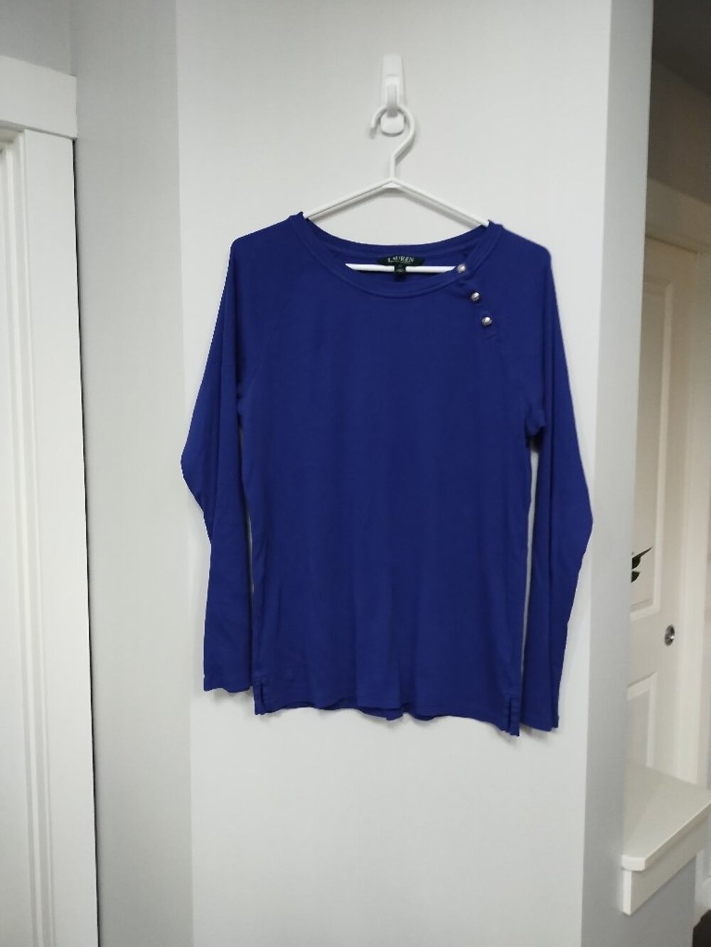 Lauren long sleeve top with button accents on one shoulder
